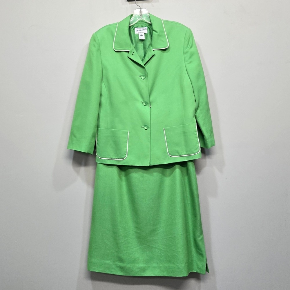 Vintage 90s Pendleton Skirt Suit 10‎ Kelly Green Silk Blend Piped Blazer Preppy